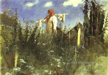 Ivan Kramskoi Painting - Chica con lino lavado en el yugo demócrata Ivan Kramskoi